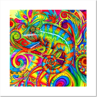 Colorful Psychedelic Rainbow Chameleon Posters and Art